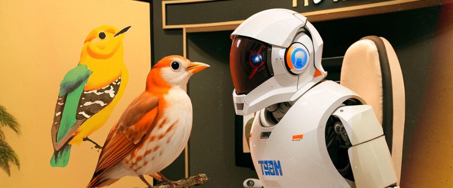 Imagem gerada com o auxílio de uma Inteligência Artificial, mostra nosso mascote o Sabiá-Laranjeira entrevistando um Robô.