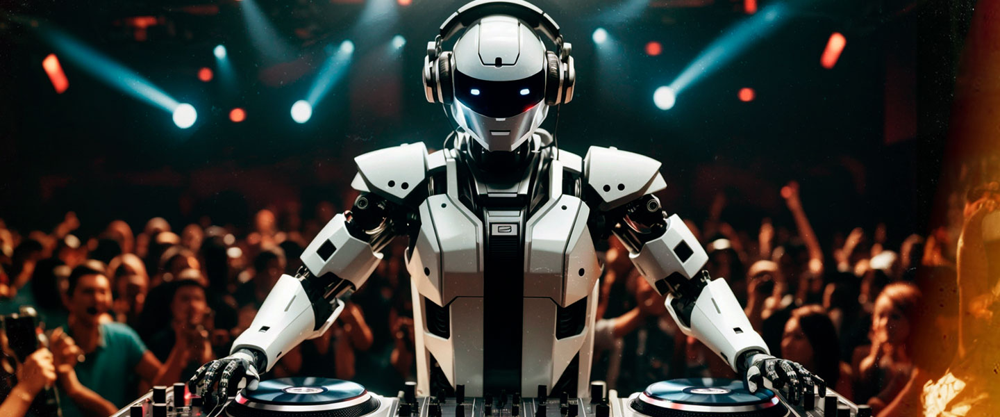 Imagem gerada por Inteligência Artificial mostra um robô tocando para uma multidão de pessoas.